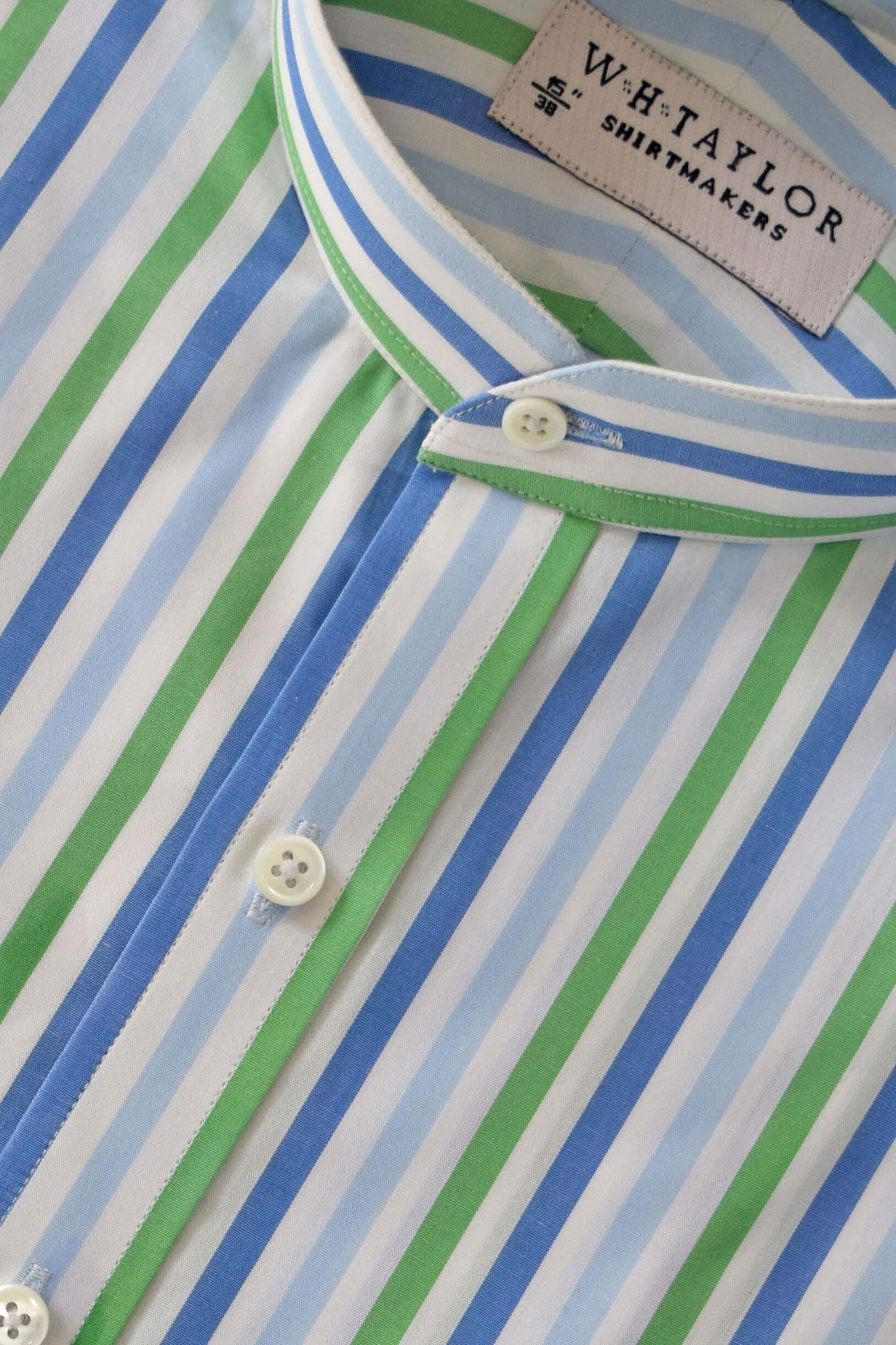 Maßgeschneidertes Popeline-Herrenhemd mit himmelblauen und gelben Bonbonstreifen