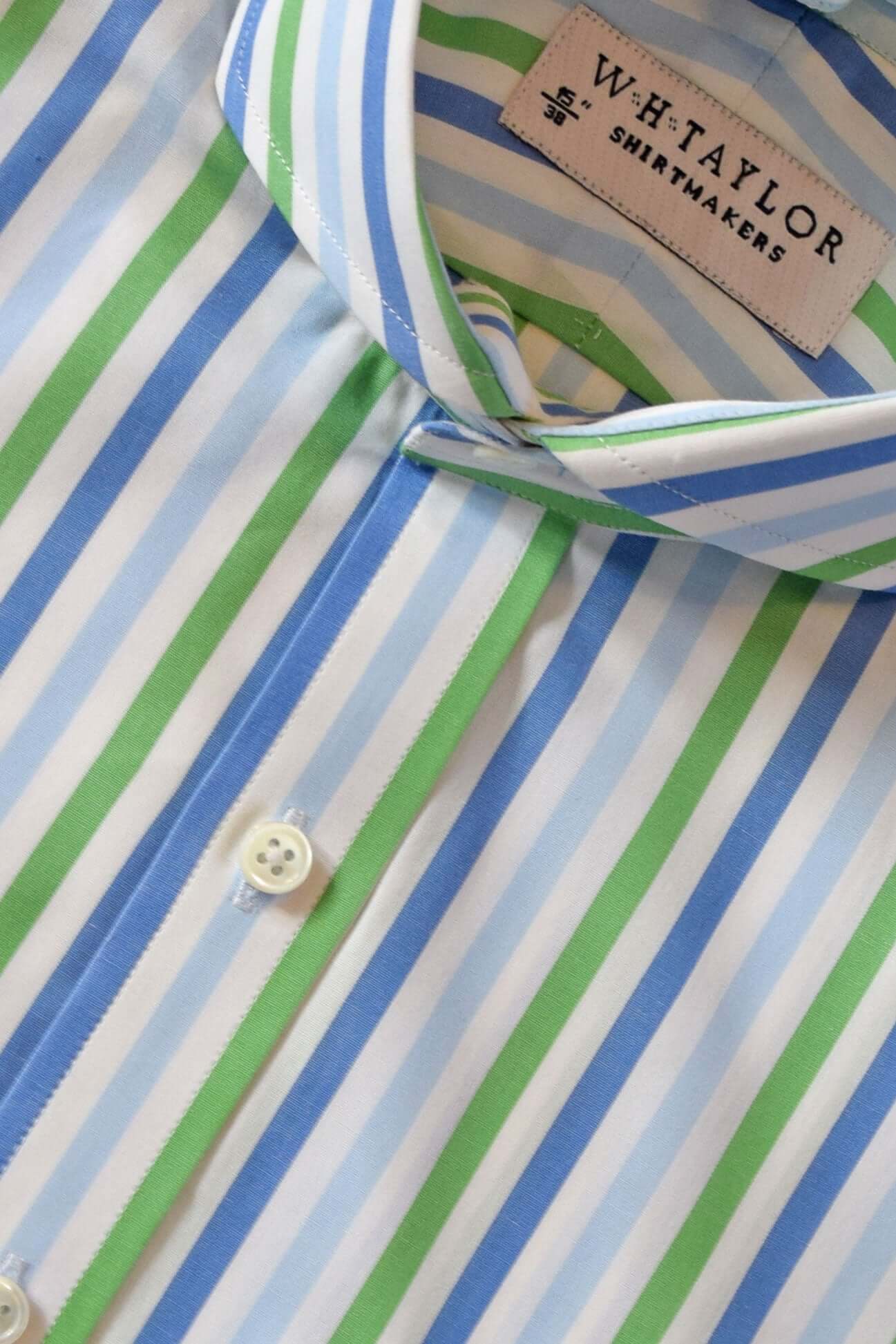 Maßgeschneidertes Popeline-Herrenhemd mit himmelblauen und gelben Bonbonstreifen