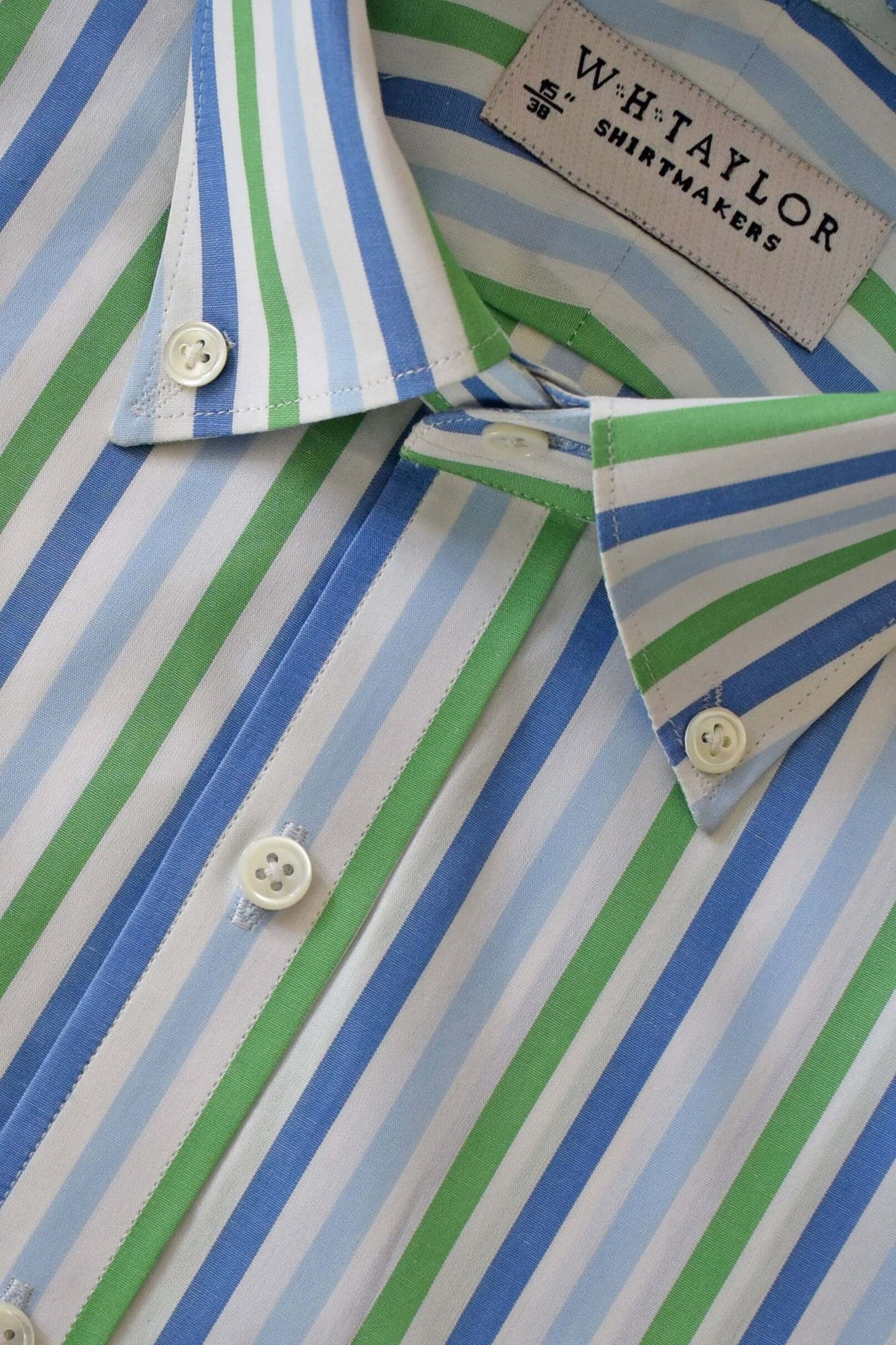 Maßgeschneidertes Popeline-Herrenhemd mit himmelblauen und gelben Bonbonstreifen