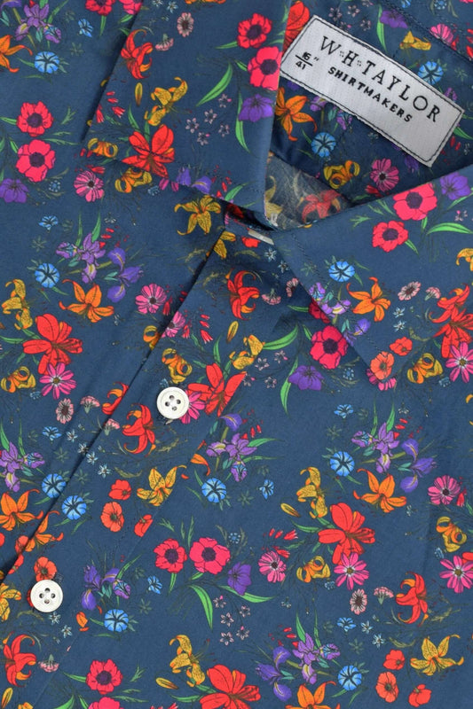 Marineblaues Damen-Maßhemd mit Blumenmuster