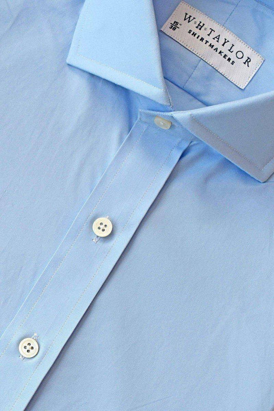 Azure Blue poplin bespoke men's shirt by WH Taylor, showcasing a crisp finish and durable medium-weight two-fold cotton perfect for office wear.