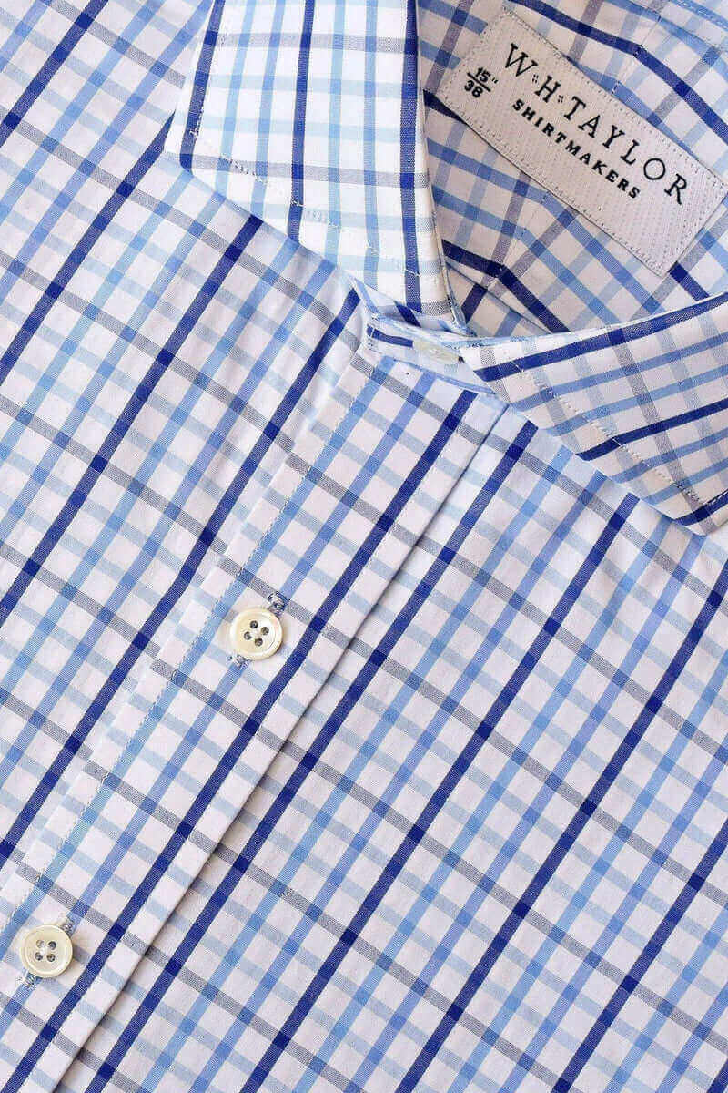 Blue & Navy Tramline Check Poplin Ladies Bespoke Shirt - whtshirtmakers.com