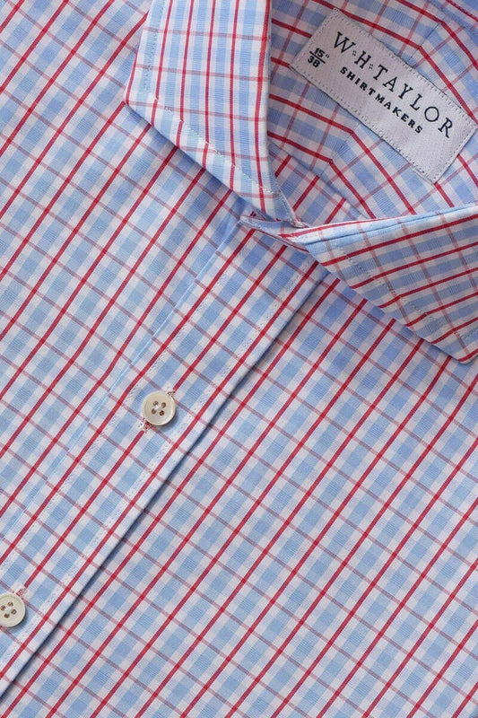 Sky & Red Over Check Poplin Men's Bespoke Shirt - whtshirtmakers.com