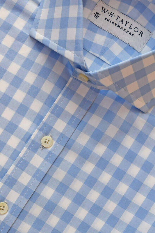 Sky Large Gingham Check Poplin Men's Bespoke Shirt - whtshirtmakers.com